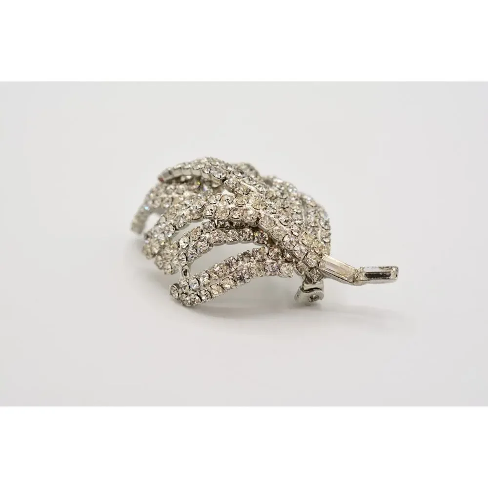 Vintage Crystal 3D Leaf Pin Brooch Baguette Prong Rhinestone Silver 1960s BinAL
